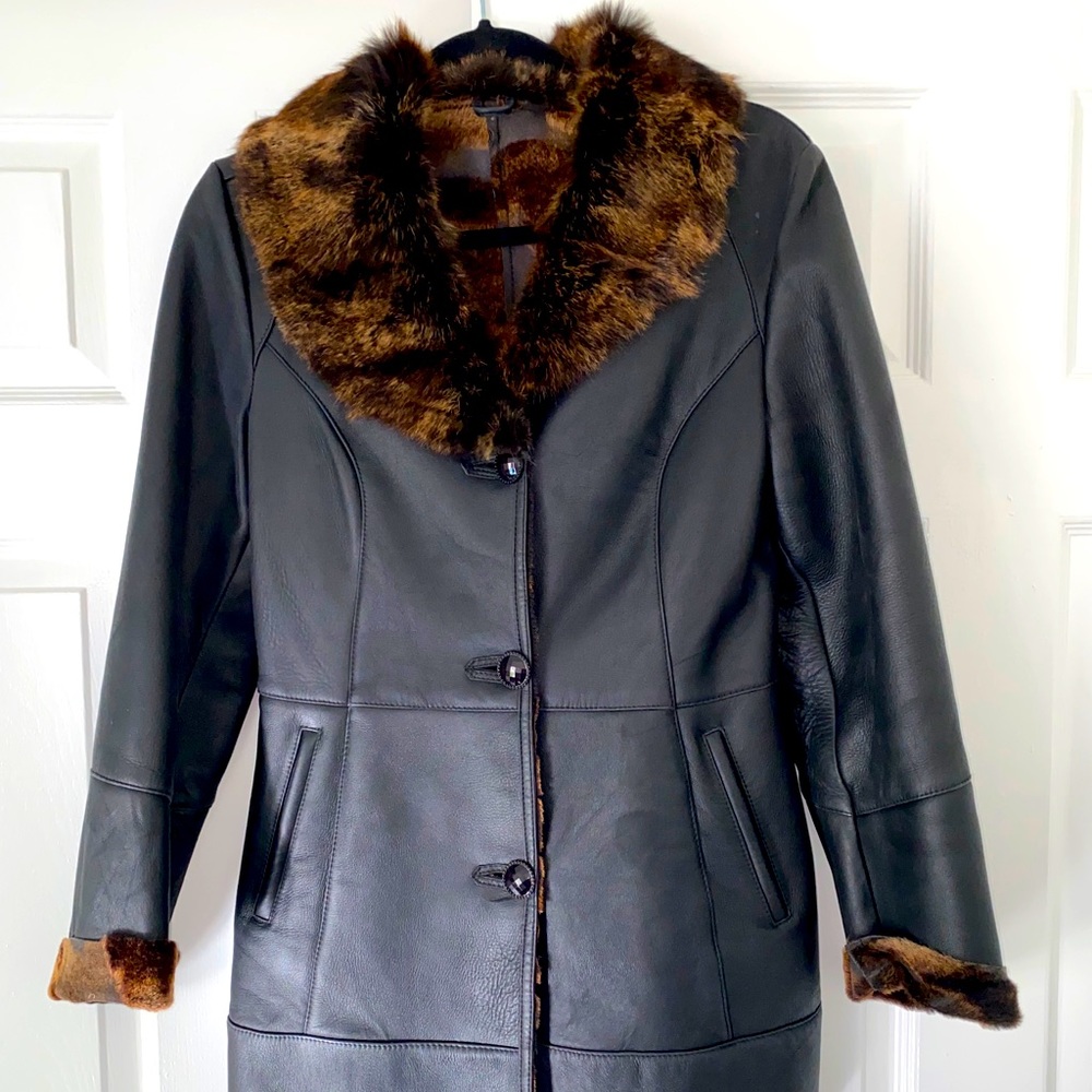 Black Real Leather Raccoon Fur Coat size S